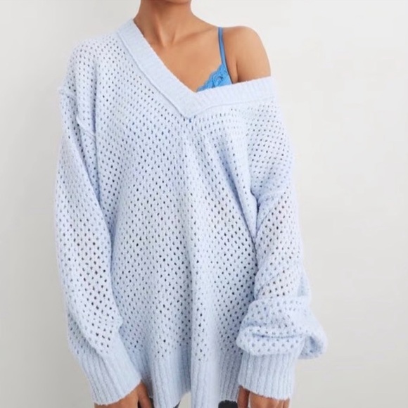 Aerie Chunky V Neck Sweater Oversized Slouchy Light Blue Size Small - Picture 1 of 13